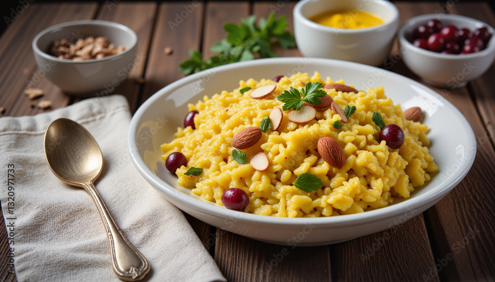 Fragrant bowl of saffron rice garnished with almonds and cranberries Fragrant bowl of saffron rice garnished with almonds and cranberries