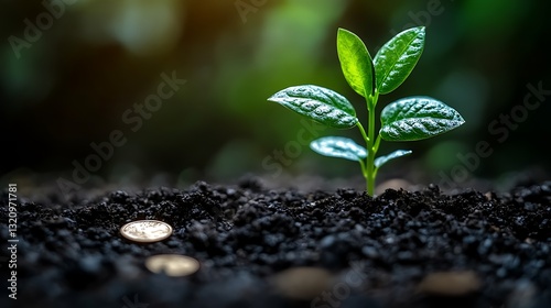 A sprouting plant with delicate leaves growing from coins in nutrient-rich soil symbolizing financial success