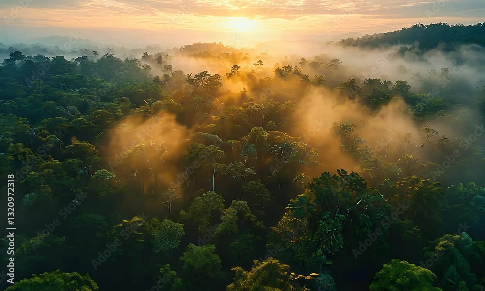 Sunrise over misty rainforest, aerial view; nature conservation