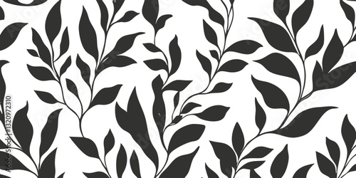 Seamless black and white leaf pattern for elegant background design.