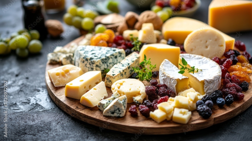 A delightful assortment of cheeses is beautifully displayed on a wooden board, accompanied by fresh grapes, nuts, and dried fruits, showcasing a vibrant and inviting atmosphere ideal for celebrations A delightful assortment of cheeses is beautifully displayed on a wooden board, accompanied by fresh grapes, nuts, and dried fruits, showcasing a vibrant and inviting atmosphere ideal for celebrations