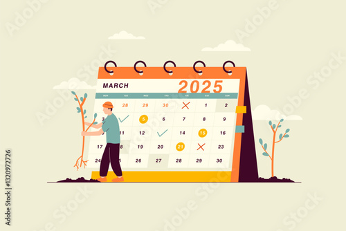 Vector illustration of March 2025 calendar against the backdrop of spring atmosphere and a man planting young trees. Monthly calendar. Desk yearly calendar with a dividing grid and space for notes