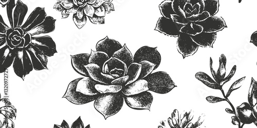 Monochrome succulent pattern illustration in black and white.
