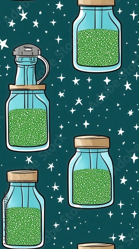 Aesthetic bottle containing bright green liquid placed next to glass fermentation jars with air locking lids