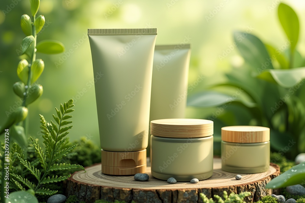 Muted green natural skincare products on tree stump in lush setting