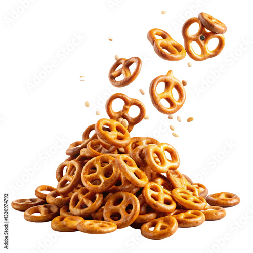 Falling Salted Pretzels Isolated on White Background
