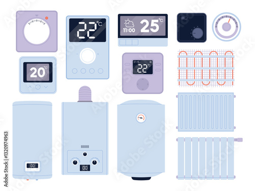 Thermostat and heating systems. House electric and gas radiators, boilers. Isolated smart thermostats devices for comfortable temperature, racy vector set