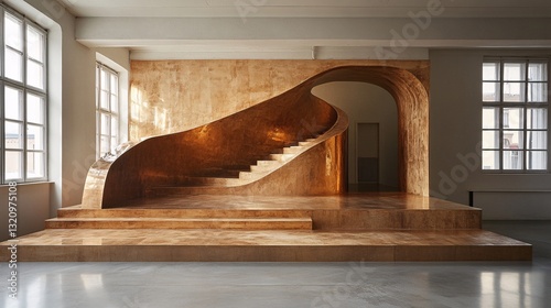 A grand interior with a sculptural curved staircase centerpiece
