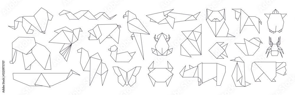 Fototapeta premium Line animals origami. Japanese art style, paper folding wild animal and bird, reptile, ocean characters. Polygonal design elements, decorative racy vector set
