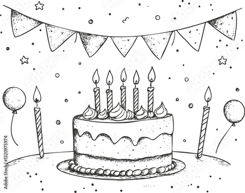 Hand-drawn birthday cake with candles and festive decorations.
