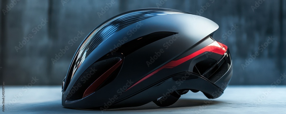 Sleek black bicycle helmet with red stripe on concrete surface Sleek black bicycle helmet with red stripe on concrete surface