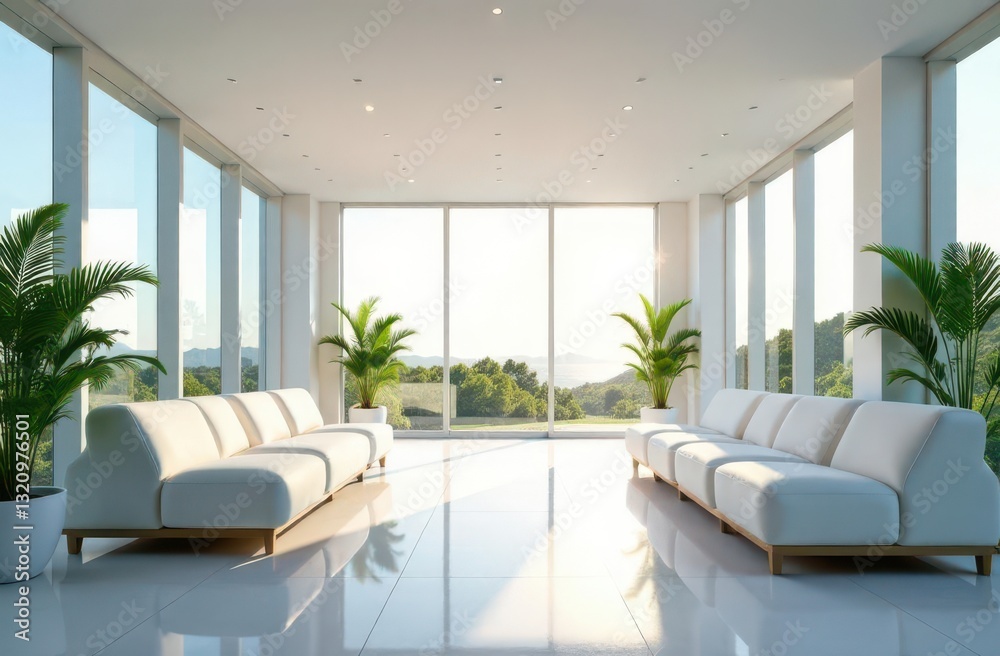 Fototapeta premium Modern interior with bright natural light and green plants in a spacious area