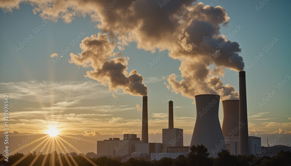 Industrial power plant with towering chimneys emitting thick smoke at sunset Industrial power plant with towering chimneys emitting thick smoke at sunset
