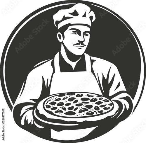 Monochrome illustration of a chef holding a pizza in a circular design.