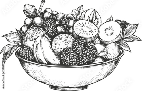 Detailed sketch of a fruit bowl featuring various fruits and leaves.