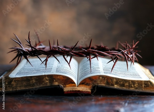 Crown of Thorns Resting on an Open Bible with Old Pages