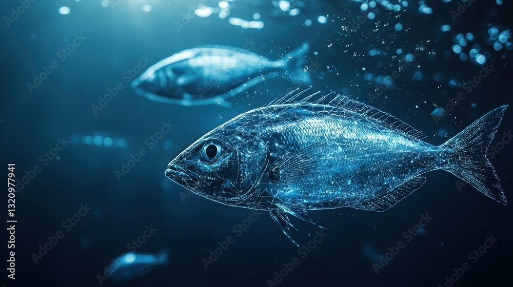 Fototapeta premium Underwater Scene Featuring Shimmering Fish Swimming Gracefully in a Dark Blue Ocean