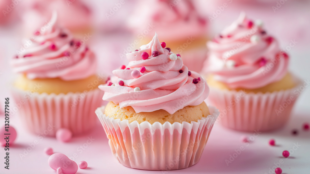 Delicious pink frosted cupcakes arranged on a pastel table Delicious pink frosted cupcakes arranged on a pastel table