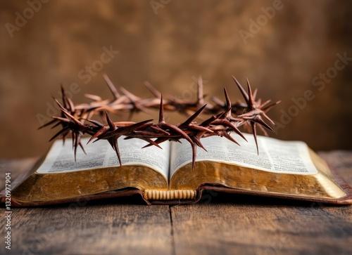 Crown of Thorns Resting on an Open Bible on Wood Table
