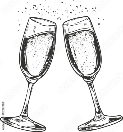 Illustration of two champagne glasses clinking with bubbles rising.