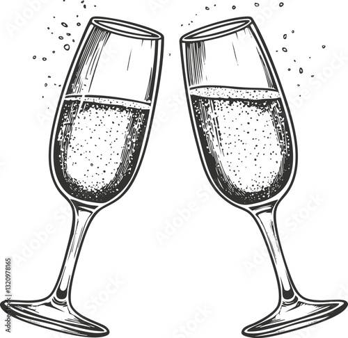 Illustration of two clinking champagne glasses with bubbles on white background.