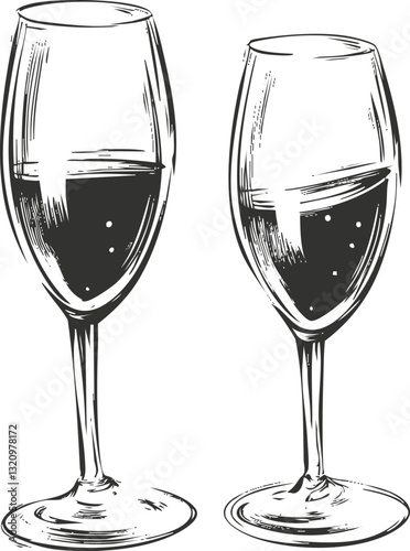 Sketch of two wine glasses with liquid on white background.