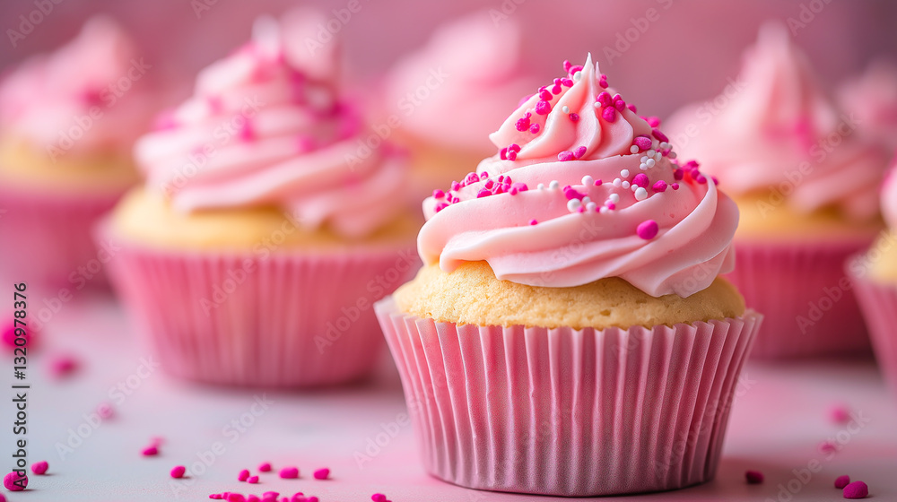 Delicious pink frosted cupcakes decorated with sprinkles in a soft pink Delicious pink frosted cupcakes decorated with sprinkles in a soft pink