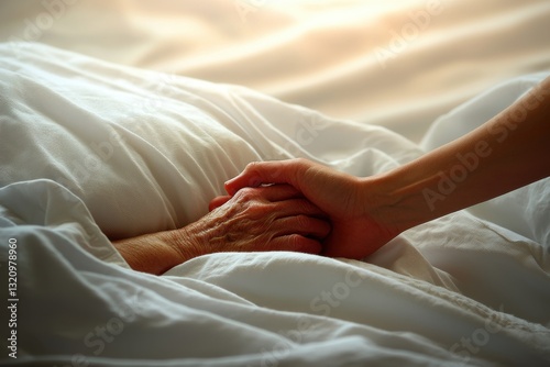 A comforting hand gently holding the wrinkled hand of an elderly person in bed, expressing support, love, and hope during a time of illness or loss. photo