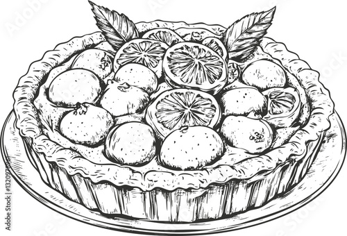 Hand-drawn illustration of a fruit tart with lemon and apple slices.