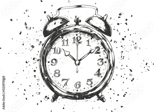 Vintage-style alarm clock illustration with scattered particles on white background.