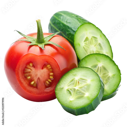 Fresh Tomato and Sliced Cucumber Isolated on White Background
