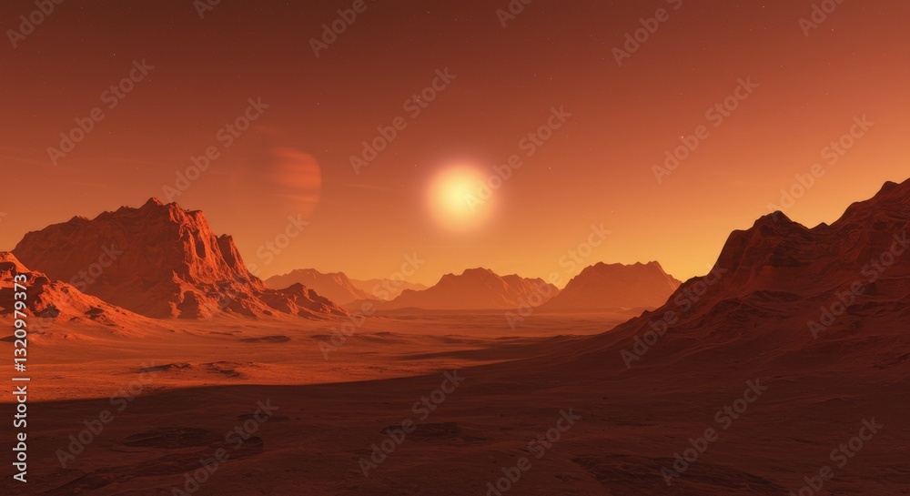 Fototapeta premium Stunning Martian Landscape with Sunset, Mountains, and Distant Planets