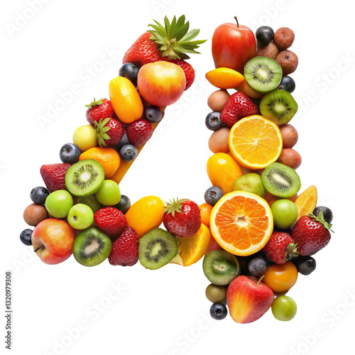 Number Four Made with Fruits Isolated on White Background
