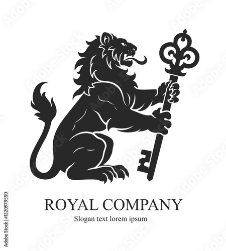 Vector illustration of black heraldic lion holding the key. Can be used as real estate theme sign. 
