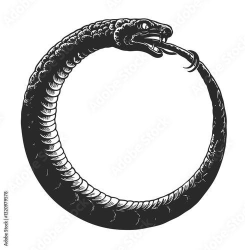 Black and white vector illustration of Ouroboros Snake biting its tale on the white background. 