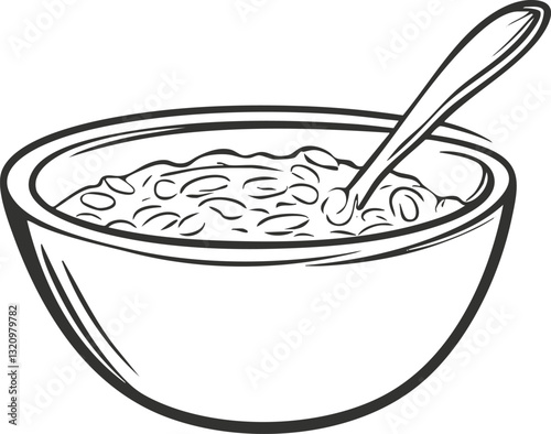 Line drawing of a bowl of oatmeal with a spoon inside.