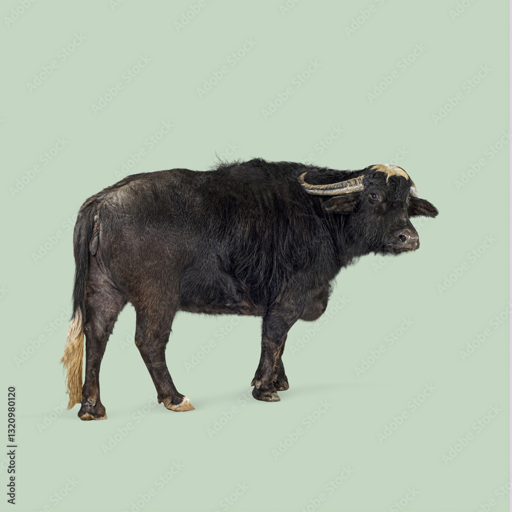 Fototapeta premium Studio shot of a large black domestic water buffalo standing against a seamless green background