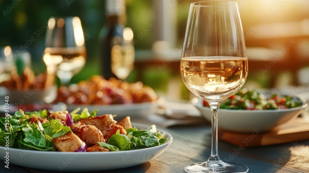 A beautifully arranged table showcasing a vibrant salad and glass of white wine, capturing the essence of fine dining and leisure in a warm, inviting setting to enjoy with friends. A beautifully arranged table showcasing a vibrant salad and glass of white wine, capturing the essence of fine dining and leisure in a warm, inviting setting to enjoy with friends.