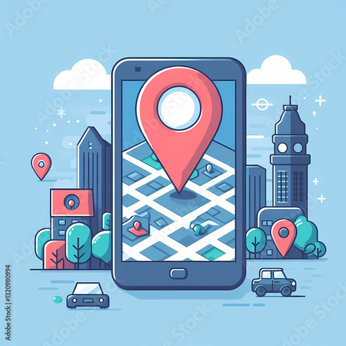 Flat vector illustration of a smartphone displaying a geolocation pin on a map, clean and modern design.