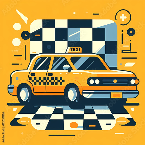  Flat vector illustration of a yellow taxi with a checkered pattern, simple shapes, bold colors, urban background, clean and modern design.