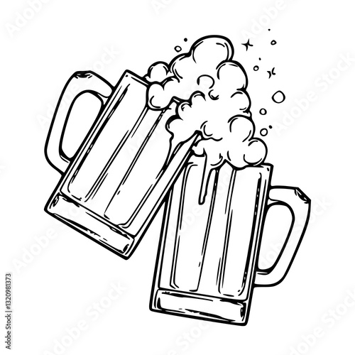clinking beer mugs line art vector illustration