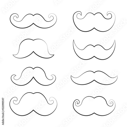 Black false linear mustache. Outline collection of mustaches isolated on white background. Vector illustration.