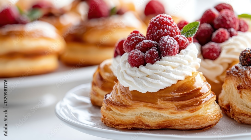 This image showcases a stunning array of pastries elegantly topped with a medley of fresh berries and cream, enticing viewers with its rich textures and vibrant colors. This image showcases a stunning array of pastries elegantly topped with a medley of fresh berries and cream, enticing viewers with its rich textures and vibrant colors.