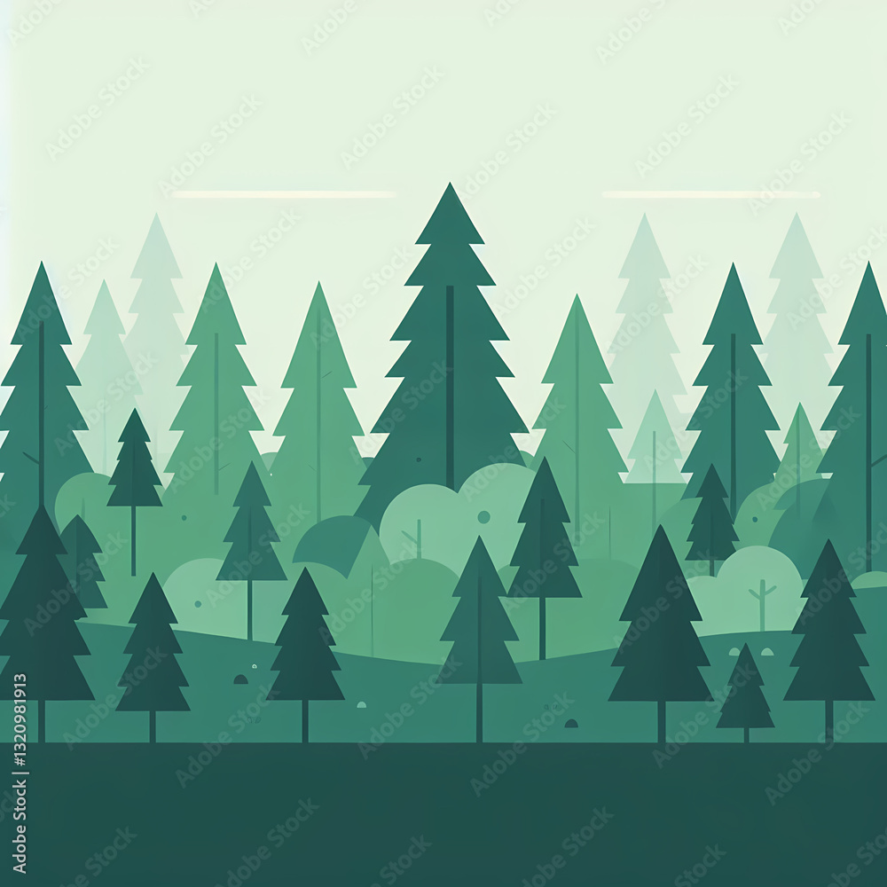 Obraz premium Flat vector illustration of a dense green forest with trees of different sizes, clean and simple geometric design.