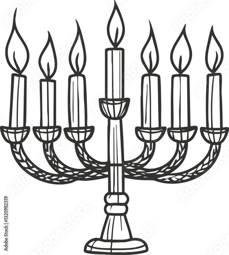 Black and white illustration of a menorah with seven lit candles.