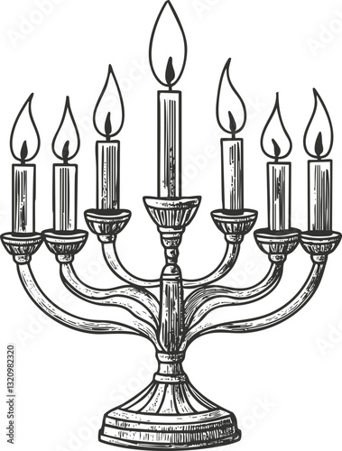 Vintage illustration of a menorah with seven lit candles.