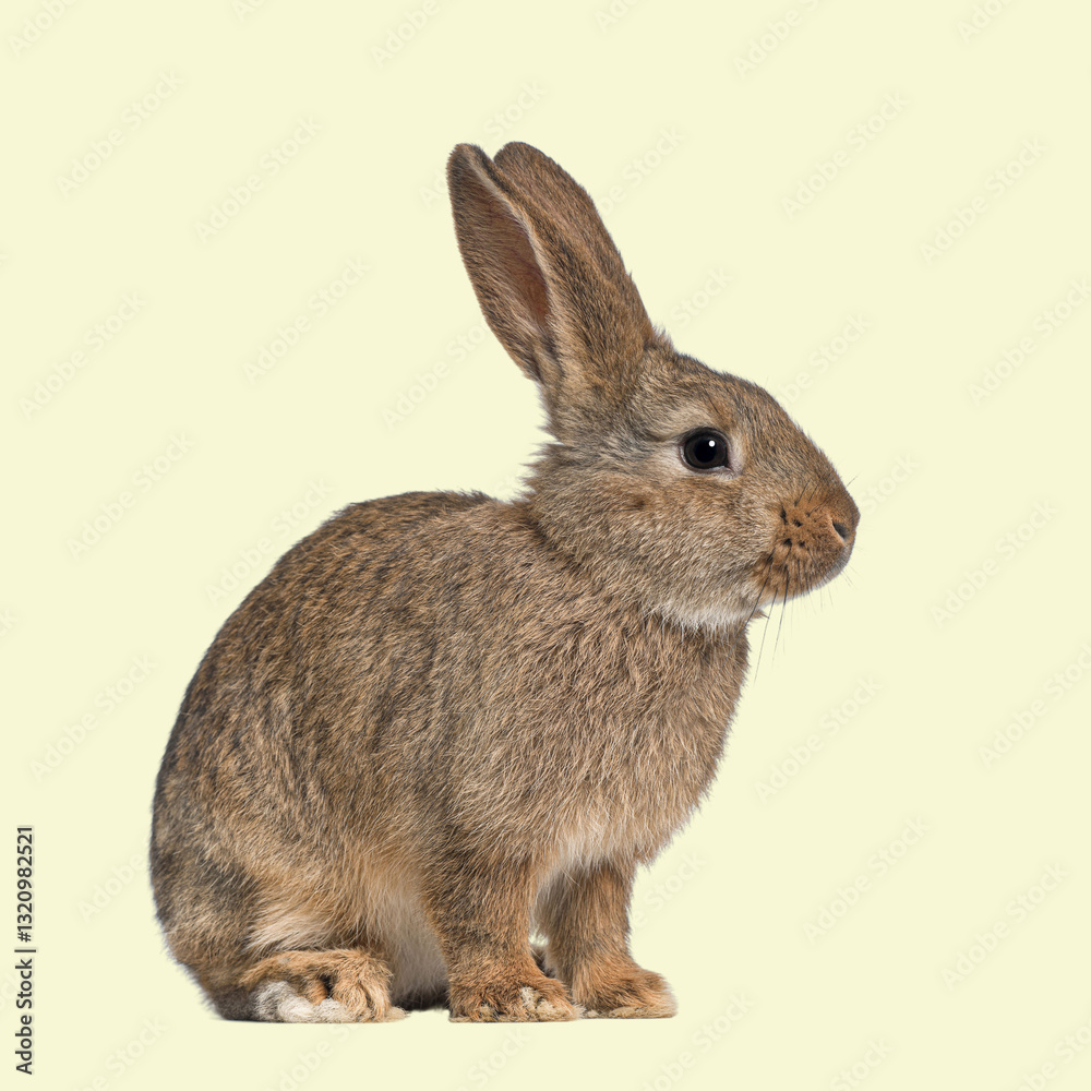 Obraz premium Adorable brown rabbit sitting and looking right, isolated on a light yellow background, perfect for easter or animal themes
