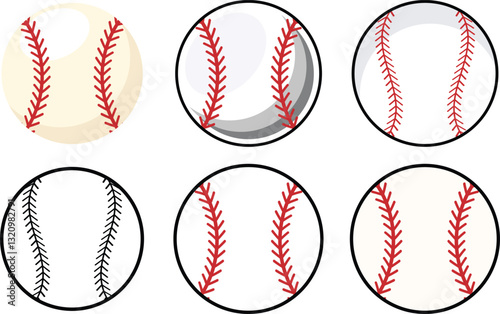 Baseball Ball Vector Set, Stitching Seam Design, Sports Equipment Icons