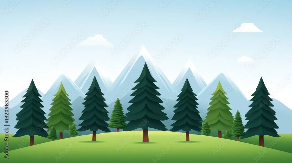 Fototapeta premium Serene Landscape with Pine Trees and Majestic Mountains Under a Clear Blue Sky in a Cartoon Style Illustration
