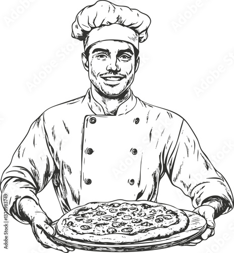 Illustration of a chef presenting a pizza on a tray.